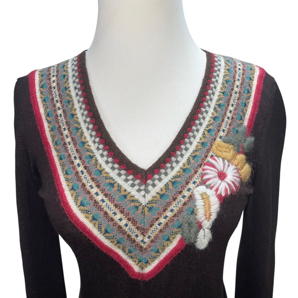 Vintage Kenzo Embroidered Sweater Med Fair Isle V-Neck Floral Appliqué Mohair - Picture 4 of 8
